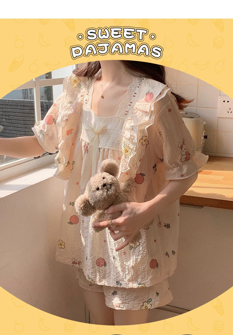 Women's Summer Floral Animal Print Short Sleeve Pajama Set  Cute Cartoon 2-Piece Pajamas Square Collar Kawaii Nightwear