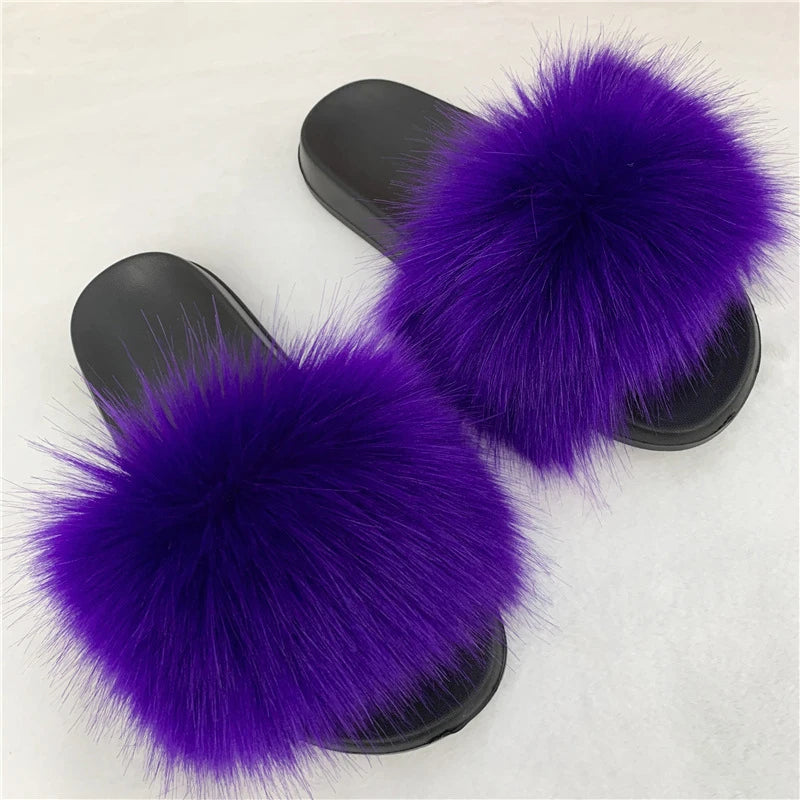 Ladies Fluffy Slippers Summer Women Faux Fur Soft Slides Stylish Open Toe Sandals Outdoor Indoor Furry Comfortable Beach Shoes