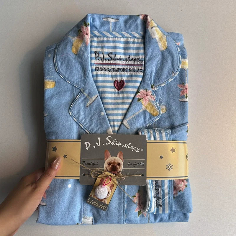 New Loungewear Women Spring Fall Slwwpwear 100% Cotton Floral Print Long Sleeve Pijamas Women 2 Pieces Home Suit Cat Cartoon