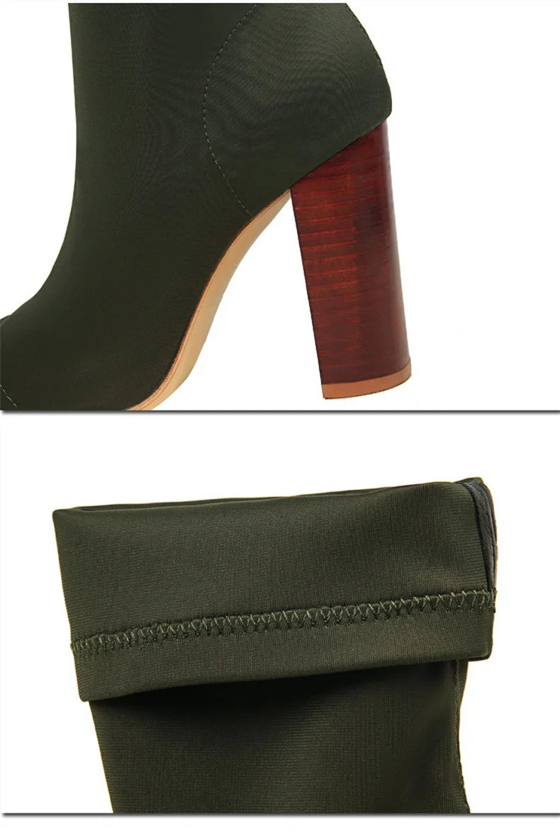 Mid-Calf Boots 2024 New Women Stretch Sock Boots Chunky Block Heels High Heels Silk Shoes Solid Color Short Boots Autumn 3129-3