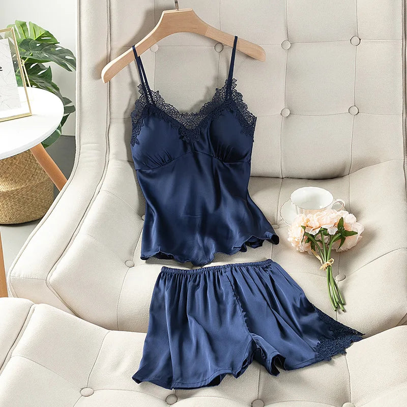 Sexy Suspender Pajamas Set Sleepwear Print Flower Lace Trim Sleepwear Intimate Lingerie Summer New Silk Satin Nightwear Homewear