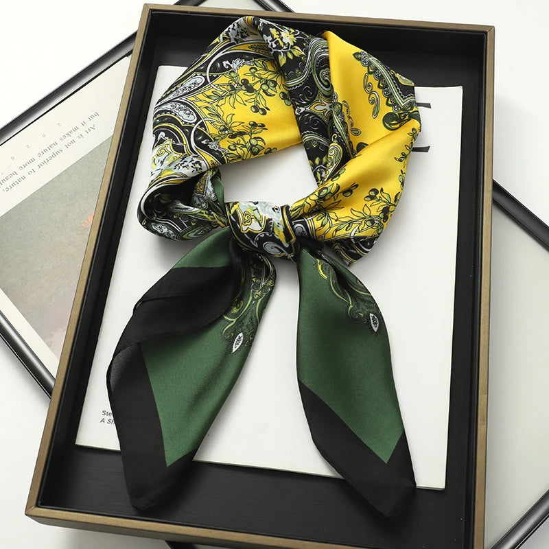 Luxury Women Silk Square Scarf Shawl Fashion Xiaoxiangfeng Print Design Satin Hijab Wraps Neckerchief Female Hair Bands 70*70CM