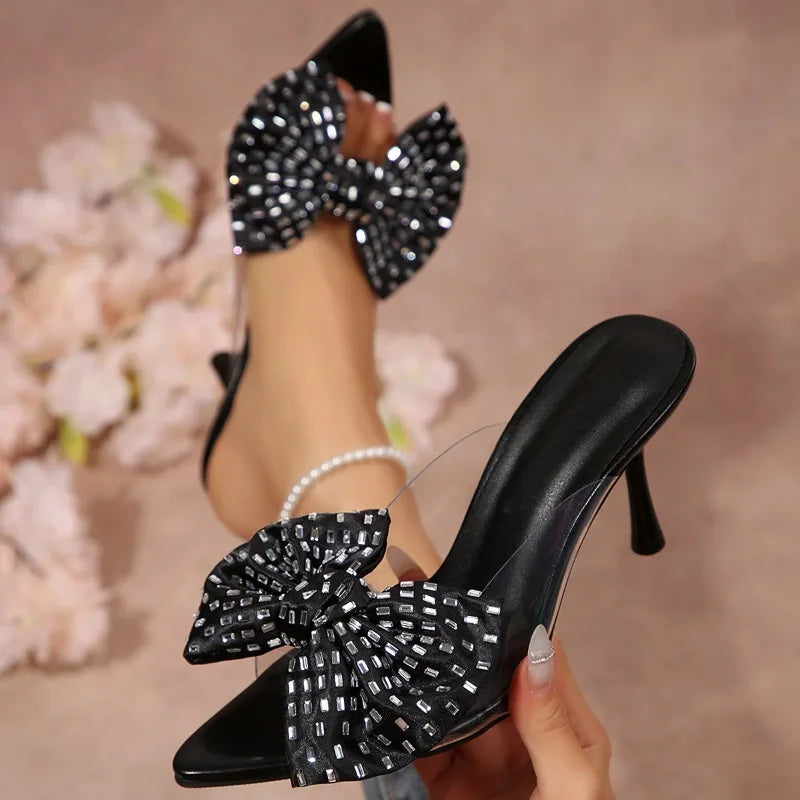 French New Pointed Toe Rhinestone Bow Outwear Summer Block Heel Half-Slip Pump for 2026