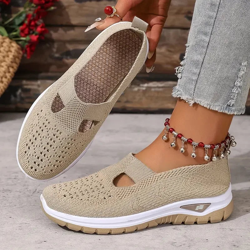 Women's shoes, casual sports shoes, solid color breathable sports soft-soled lightweight walking shoes, low-top knitted casual s