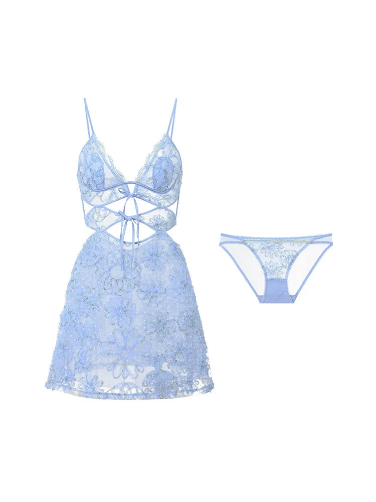 French Sexy Nightdress Women's Sleepwear Summer 2026 New Lace with Chest Pad Mesh Floral Printing Suspender Nightgowns Pajamas