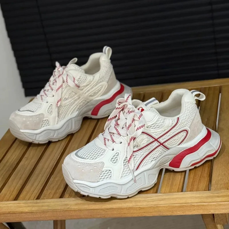 Spliced Mesh Lace-Up Sneakers Fashion Round Toe Deep Mouth Soft Sole Non-Slip Low Top Single