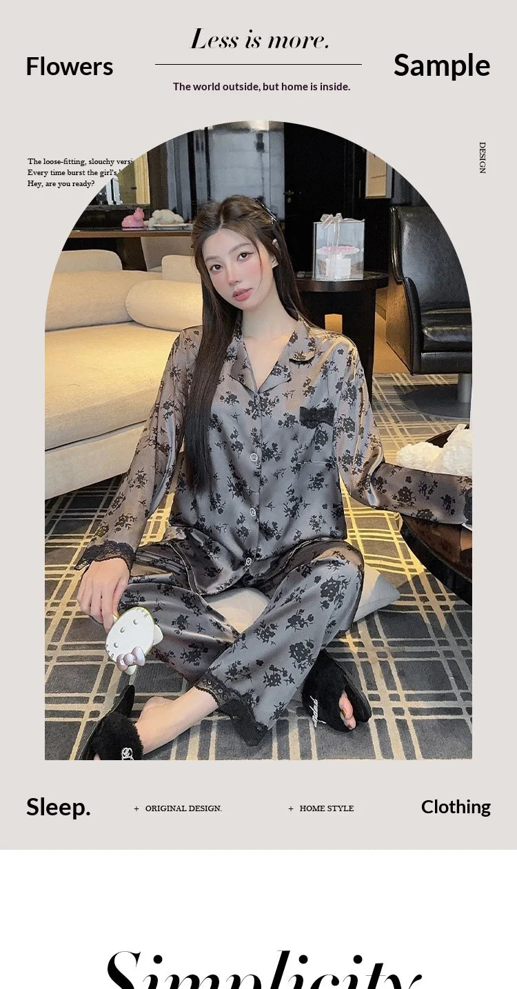 Spring New Women's Long Sleeved Ice Silk Sleepwear Home Suit Set with Floral Lace Loose Sleepwear Home Suit Long Sleeved Set