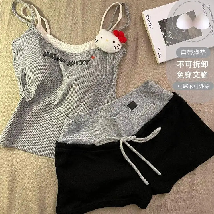Cute Hello Kitty fake two-piece suspender shorts pajamas women's summer casual loungewear two-piece set can be worn outside