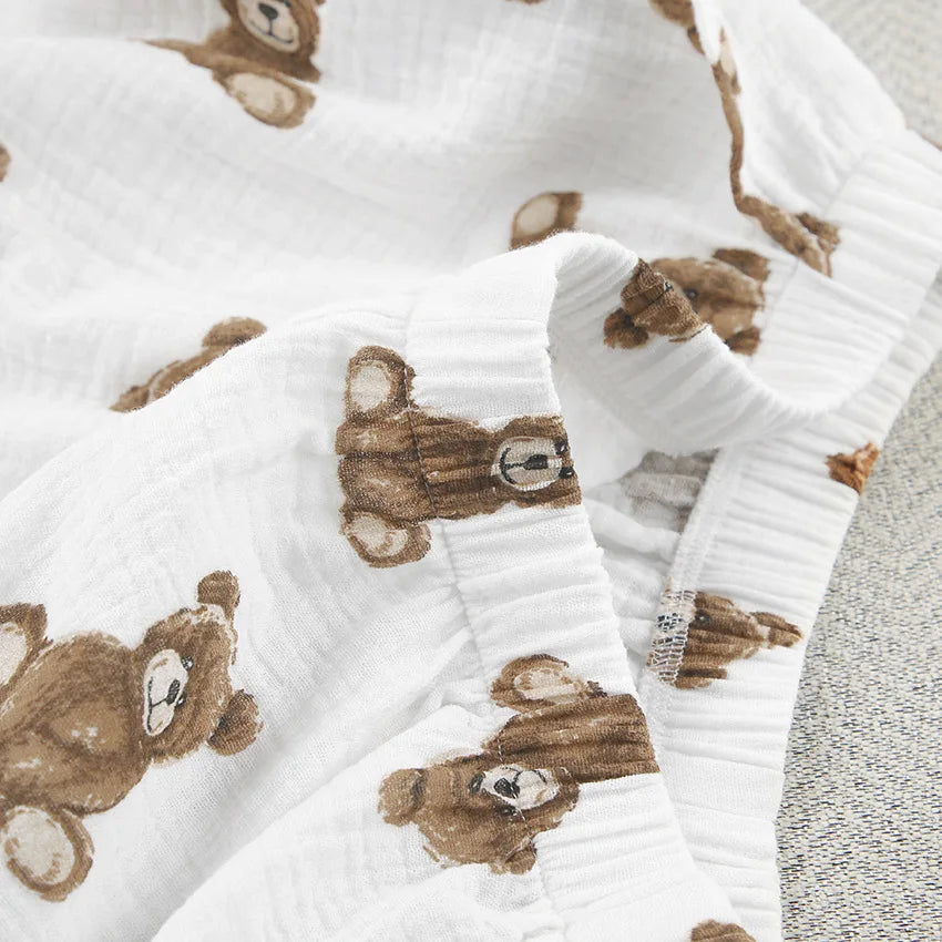 2024 Spring New European and American Pure Cotton Cute Print Warm Long sleeved Shorts and Pajamas Two piece Home Set