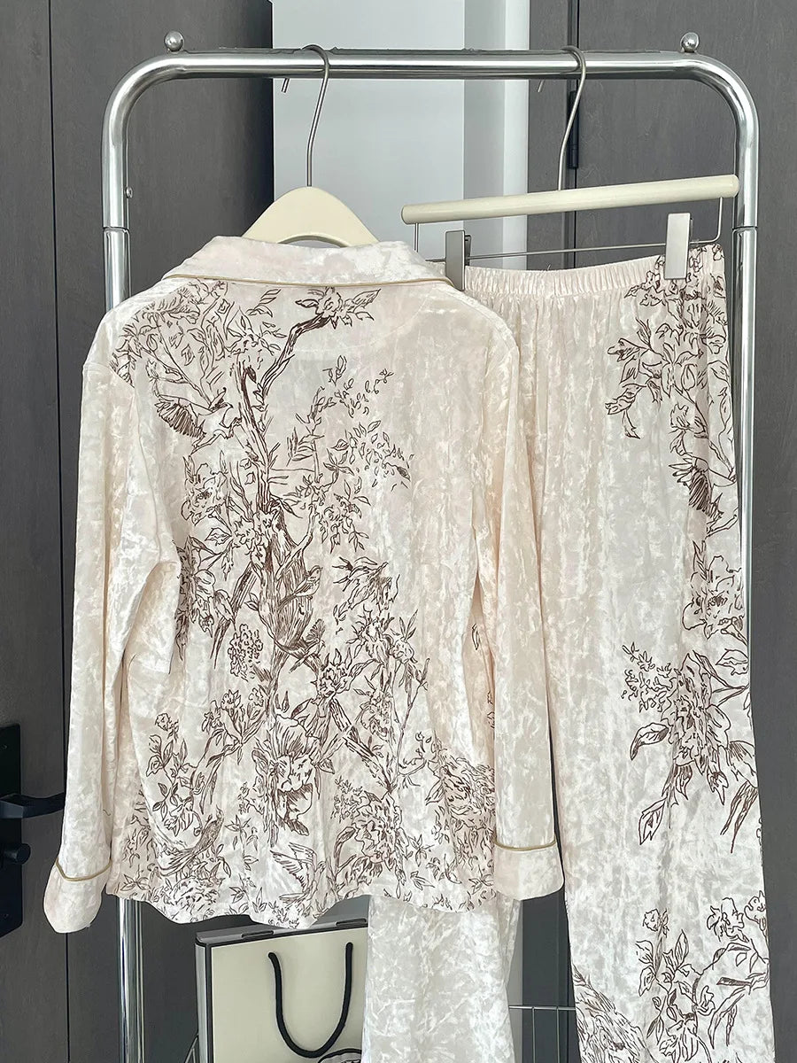 Light Luxury Style Women's Pajamas Gold Velvet Thick Floral Sleepwear Set Spring Autumn Long Sleeved Nightwear Home Clothing