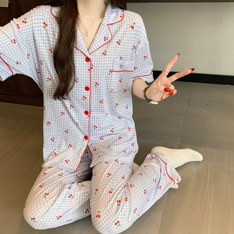 Sweet Cute Cherry Print Pajamas Women 2 Piece Set Soft Loungewear Summer Casual Short Sleeve Pajamas Set Korean Fashion Homewear