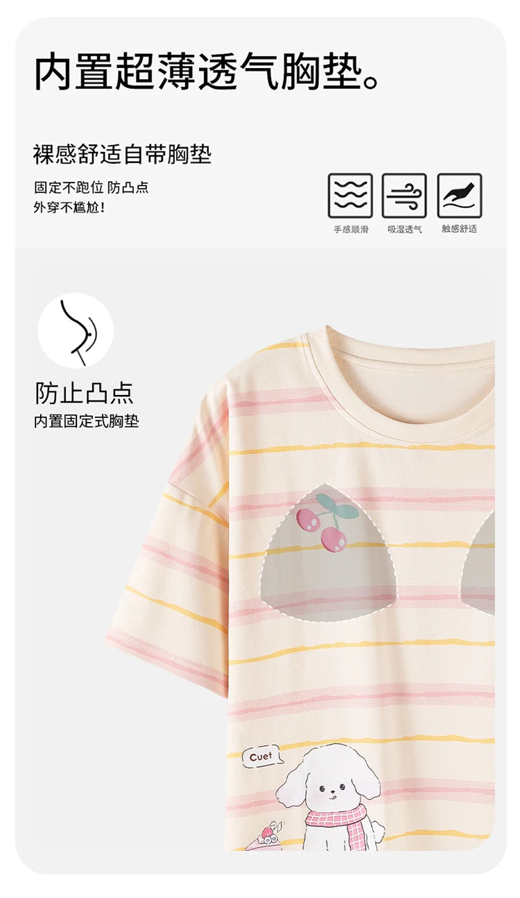 MiiOW 2Pcs Summer Women's Pajamas Set Cotton Short Sleeve Woman Homewear Cute Pink Patchwork Print Girls Pajamas Woman Sleepwear
