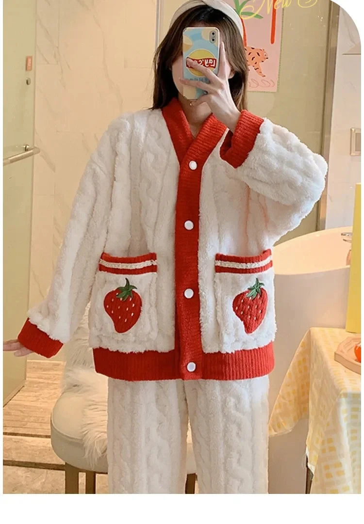 Pyjama épais en flanelle et velours corail fraise, vêtements de maison pour femmes, ensemble de vêtements de nuit à col en v, sa