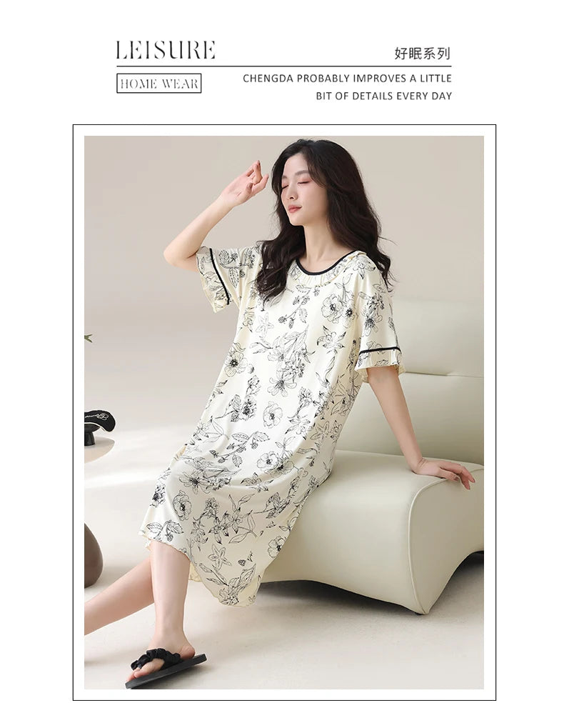 Women Modal Nightdress Small Flower Sleep Dress Short Sleeve Sleepshirt Ruffles Nightshirt Nightgown Sleepwear 4XL5XL Home Dress