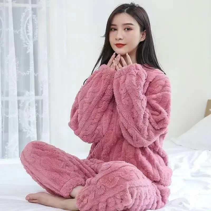 Ensemble pyjama épais et chaud en molleton de corail pour femme, vêtements de maison imprimés de dessins animés, vêtements de nu