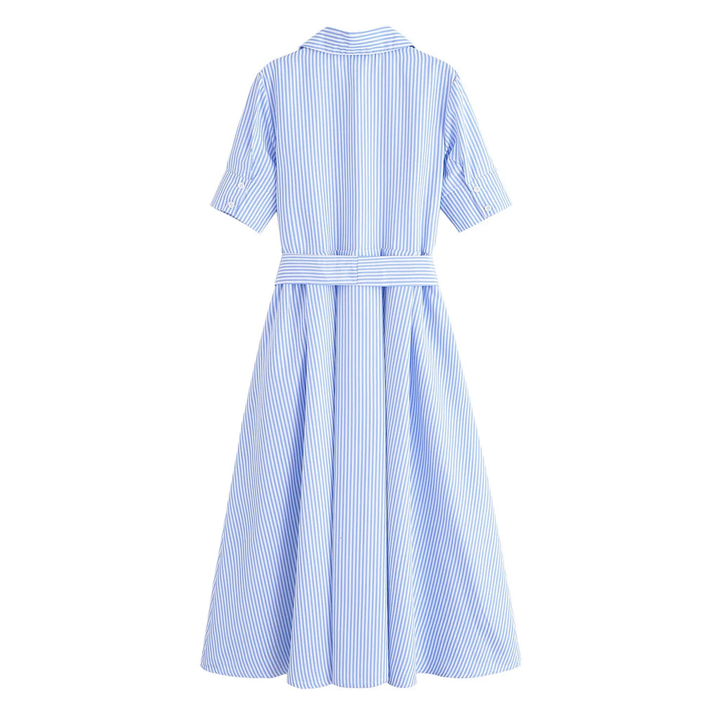 HH Women Summer Lapel Short Sleeve Pocket Single-Breasted Belt Decorate Midi Dress Female Fashion Shirt Style Pleated Dress