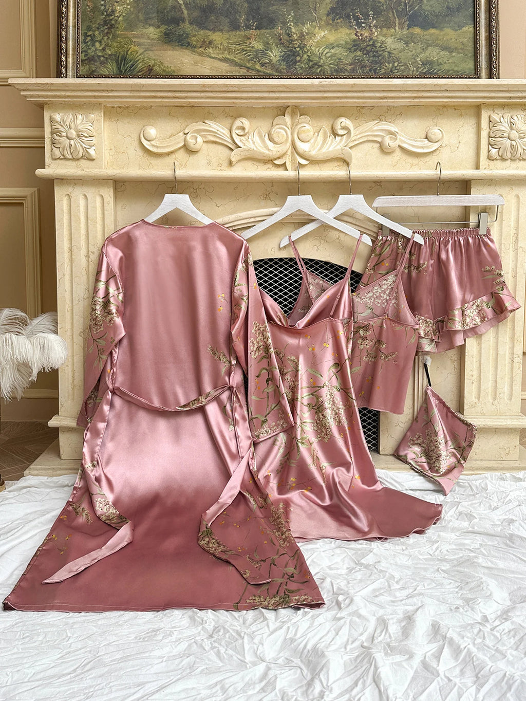 5pcs Floral Print Long Sleeve Robe Cami Dress Cami Top Ruffle Hem Shorts Simple Pajamas Sets for Women