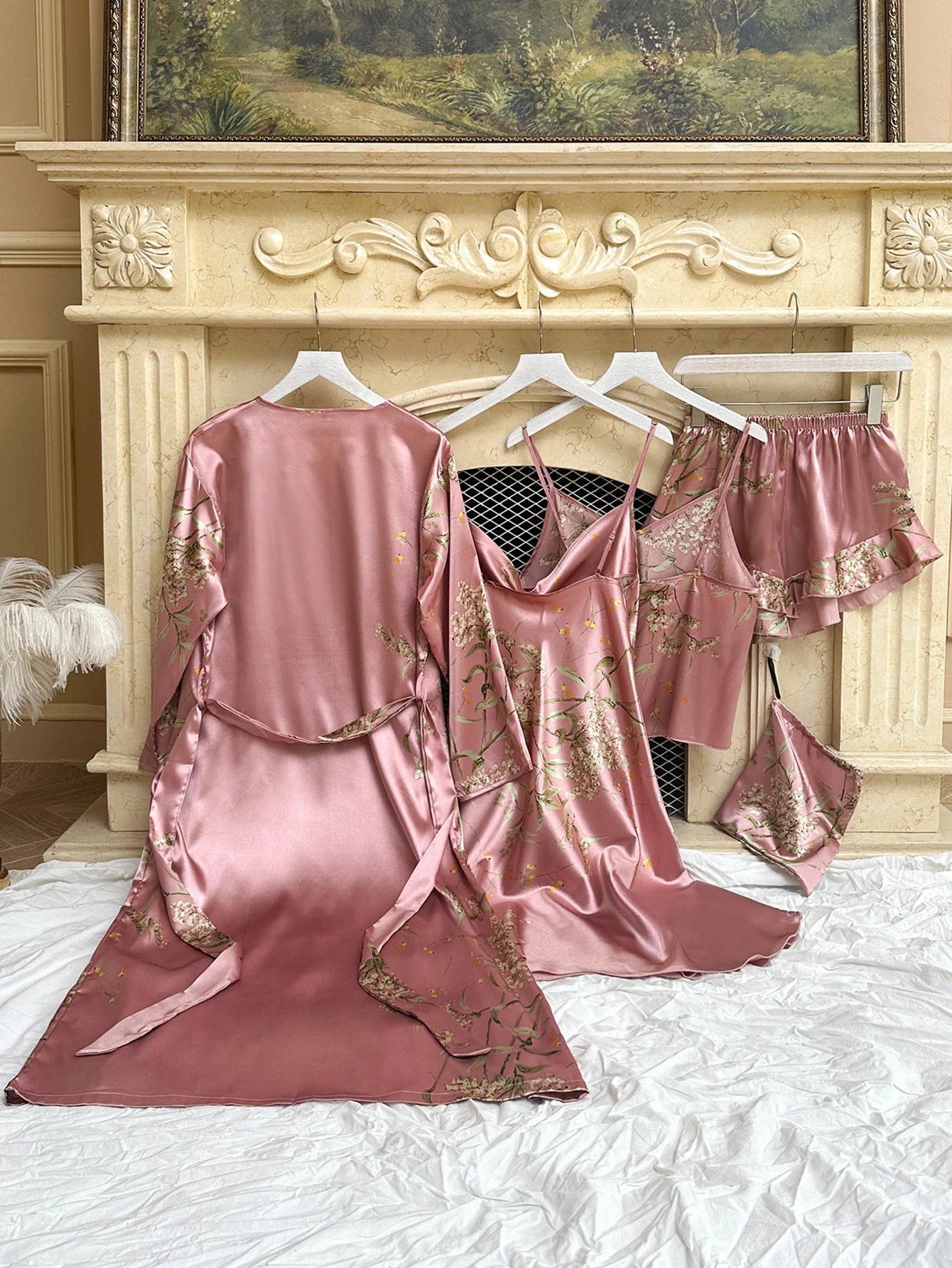 5pcs Floral Print Long Sleeve Robe Cami Dress Cami Top Ruffle Hem Shorts Simple Pajamas Sets for Women