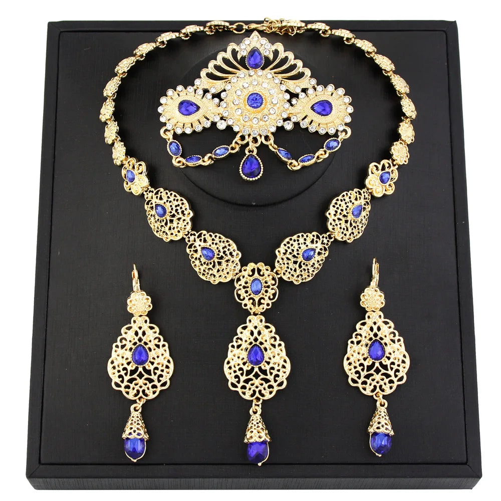 Sunspicems Chic Morocco Bride Jewelry Sets Gold Color Arabia Drop Earring Choker Necklace Caftan Brooch Sets 3Pcs Hollow Flower
