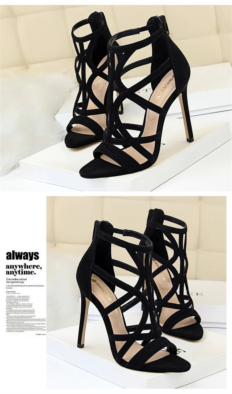Women Roman style Thin High Heels Pumps Pointed Toe Suede Hollow Strap Party Shoes Solid Solid Ankle Zip Summer Sandals