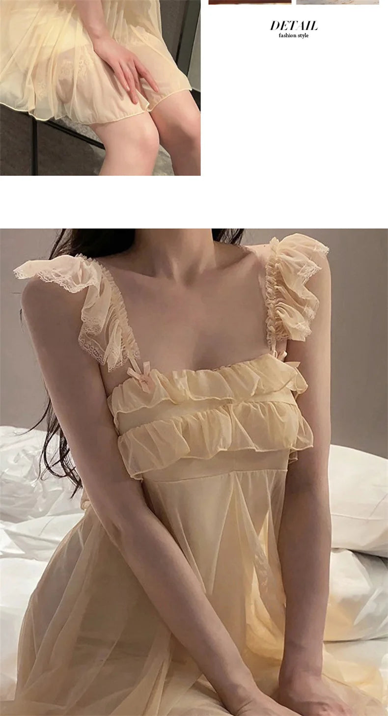 Spring Nightdress Women  Lace Sweet Nightgown Home Dress Pajamas Summer Girl Princess Style Soft Sleepwear Nightwear Outwear