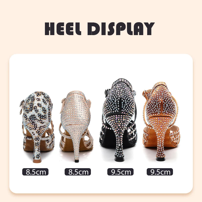 HROYL Ballroom Latin Dance Shoes Ladies Girls New Silk Satin Shiny Rhinestone Cuban High Heels Party Salsa Dance Shoes Women