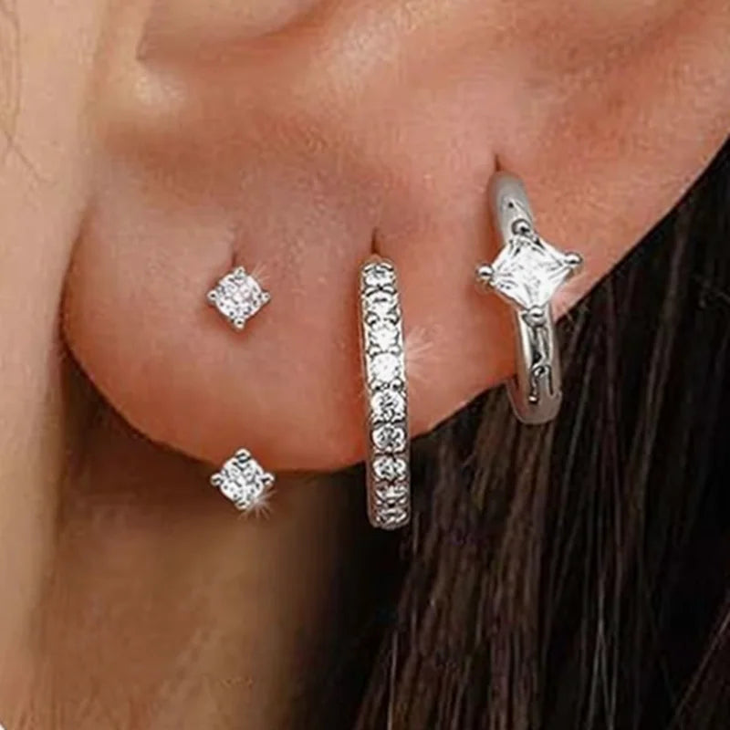 3PCS Sets Stainless Steel Square Zirconia Hoop Earrings For Women Daily Life Cartilage Stud Earrings Piercing Jewelry Gift