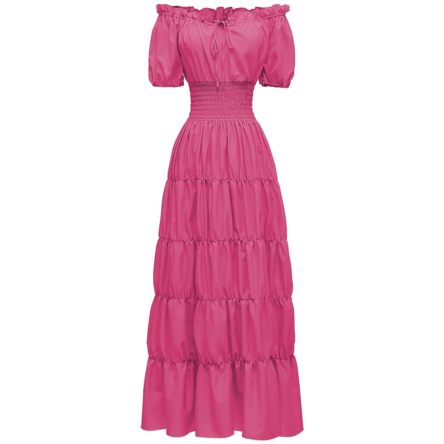 Elegant Medieval Renaissance Dress Boho Short Sleeves Off Shoulder Smocked Waist Retro Pleated Long Dress Costume Gown