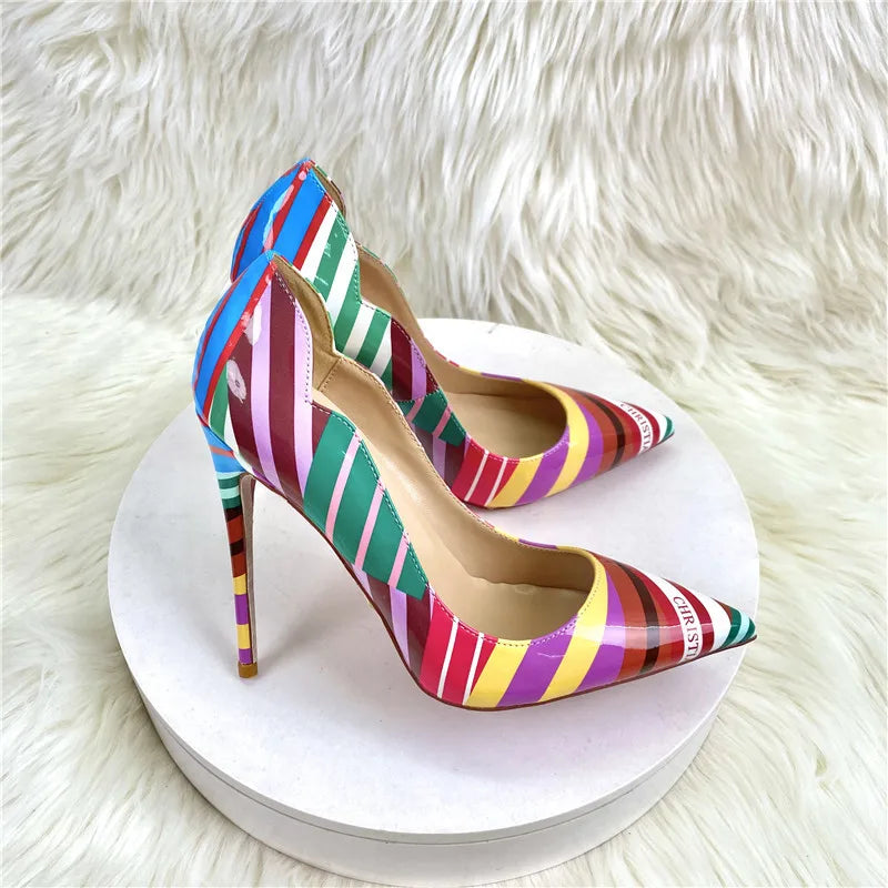 Colorful Striped High heels Fashion Cutting Pointed Shallow Party Shoes For Woman 8CM 10CM 12CM Women Pumps Large Size 44 45 46