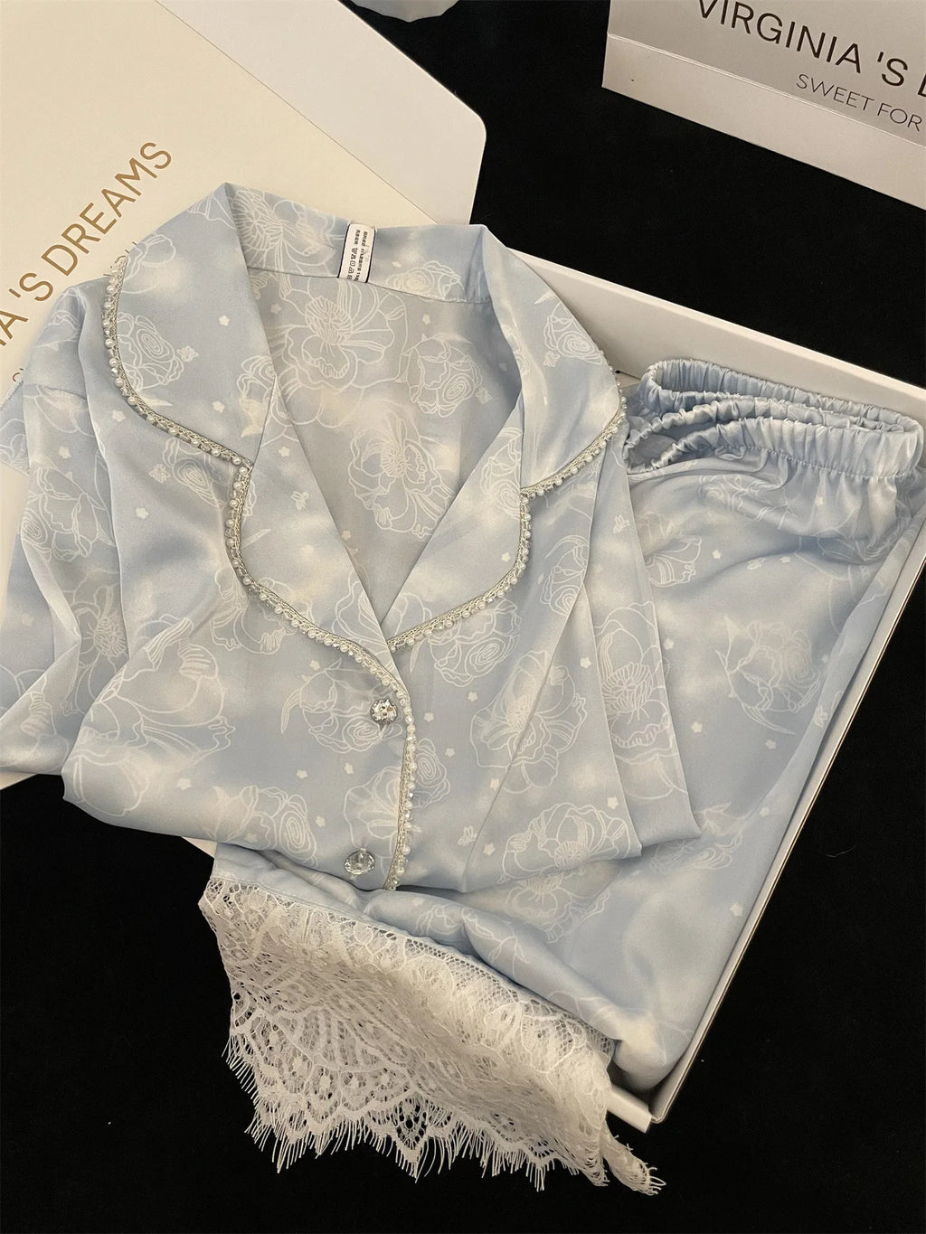 Silk Two-Piece Ladies Set Pijama Autumn Floral Long Sleeve Button Up Top & Pants Sleepwear Woman Nightwear Sexy Pajamas Set