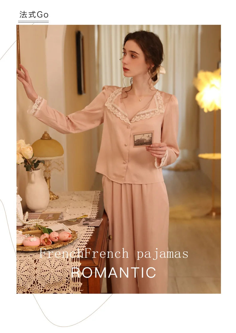 Two Piece Pajamas Set Women Satin Nightwear Home Clothes Spring Autumn Long Sleeve Shirt&pants Sleepwear Suit