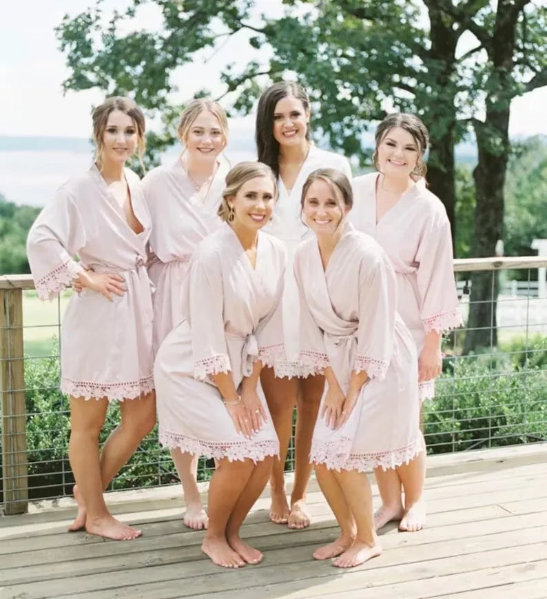 Personalized Name Dressing Gown Bride Kimono Silk bridesmaid Gowns Custom Wedding Nightgown Bachelorette Party Floral Trim Robes