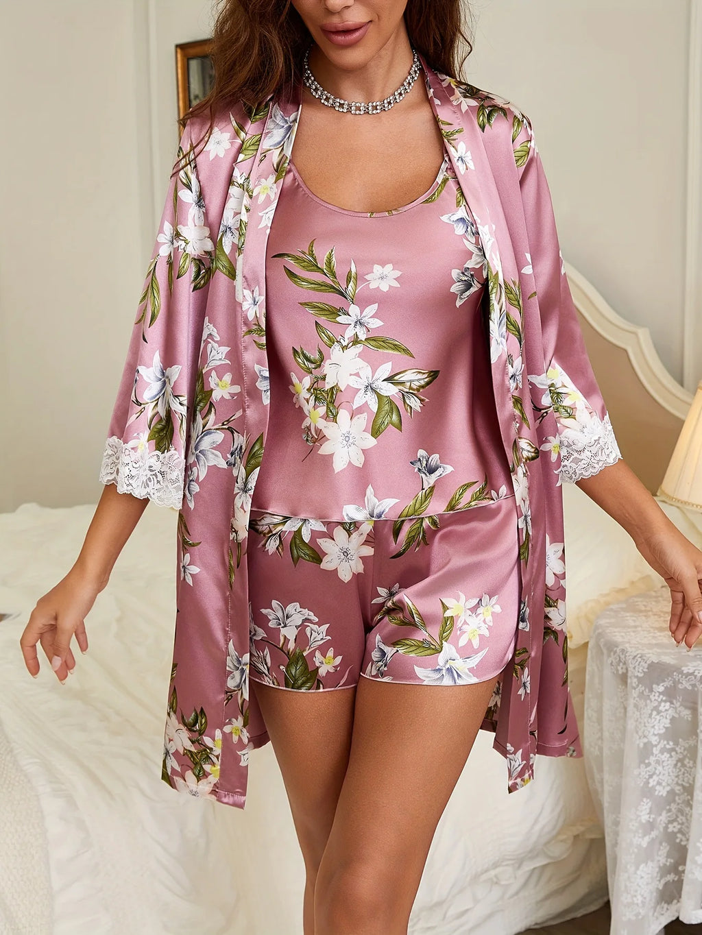 Sexy Lace Trim Robe Nightgown Home Wear Pink Flower Print Pajamas Set Women Satin Strap Top Shorts Robe Lady Satin Lingerie Set