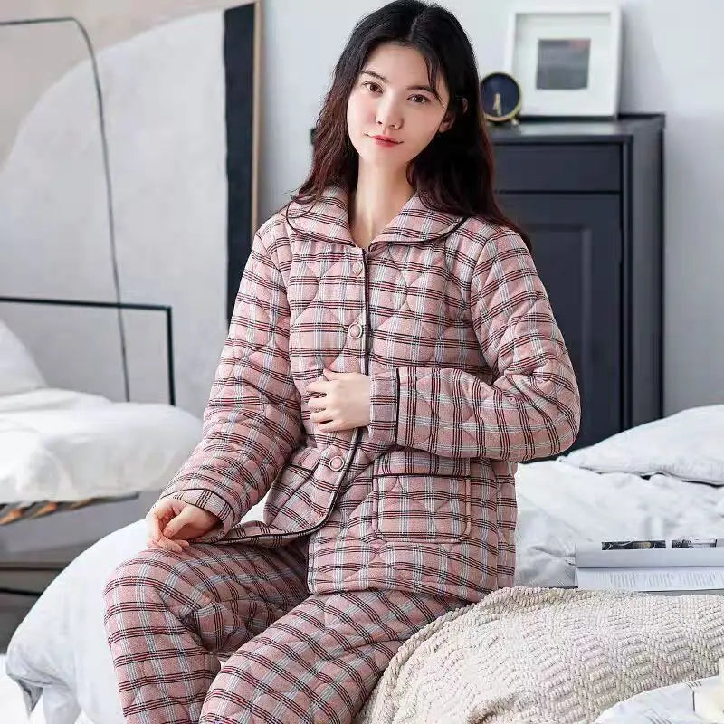 Winter three layer thick keep warm quilted jacket women's pajamas floral pijamas inverno M-XXXL sleepwear
