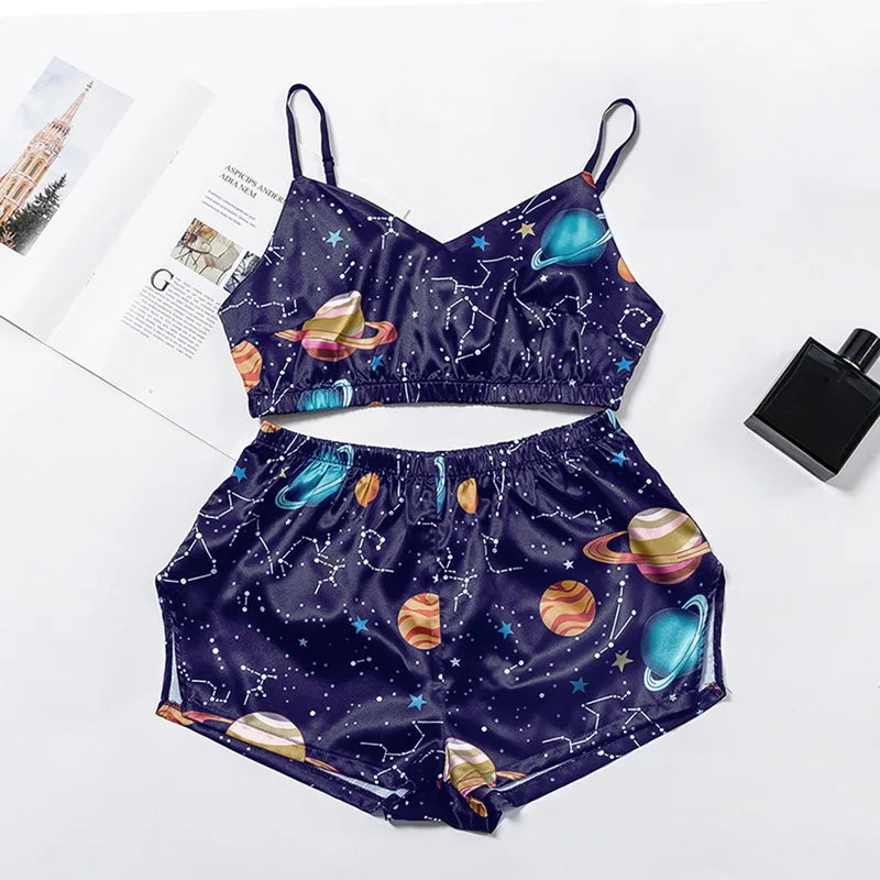 Cute Summer 2 Piece Set Women's Sexy Sleepwear Casual Satin Pajamas Female Cartoon Print Sleeveless Nightwear Homewear