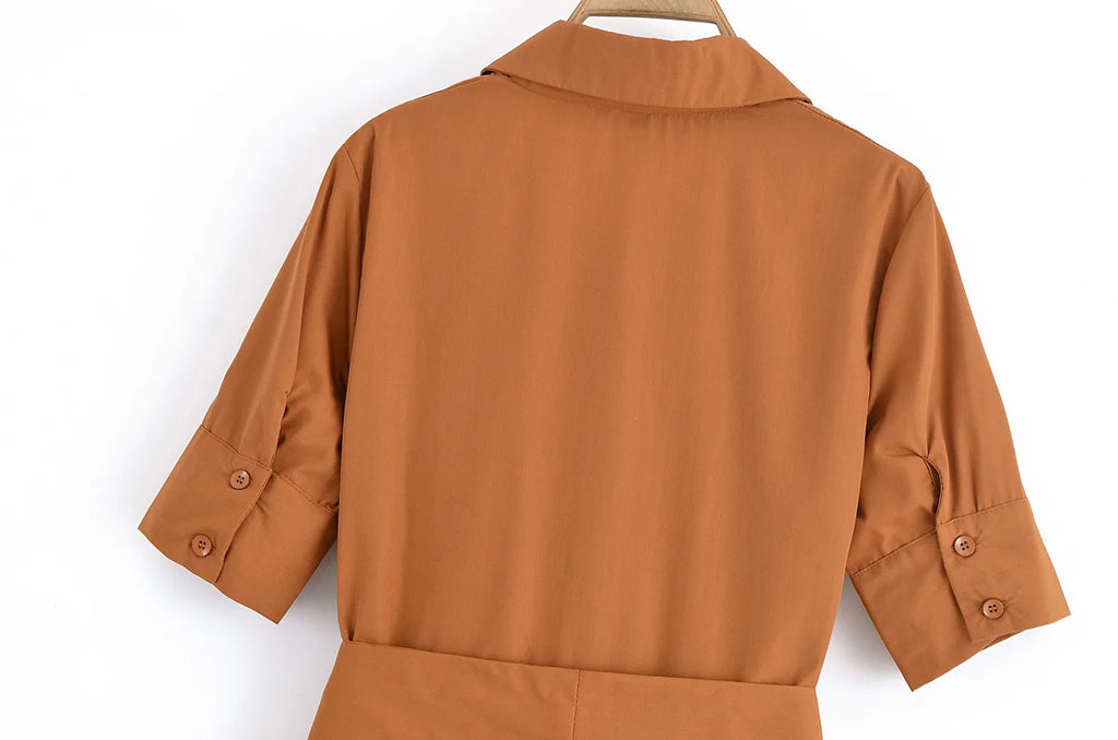 HH Women Summer Lapel Short Sleeve Pocket Single-Breasted Belt Decorate Midi Dress Female Fashion Shirt Style Pleated Dress