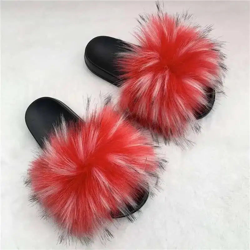 Ladies Fluffy Slippers Summer Women Faux Fur Soft Slides Stylish Open Toe Sandals Outdoor Indoor Furry Comfortable Beach Shoes