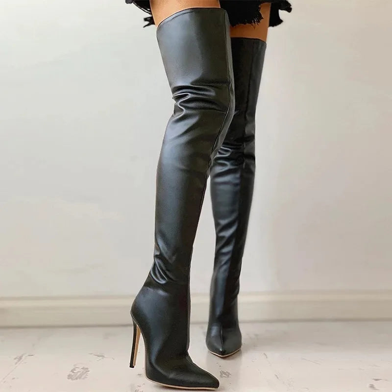 Women Boots Red Black Pointy Toe Thigh High Long Boots Autumn Winter Zip Over-the-Knee Boots Party Shoes Plus Size 46 Stiletto