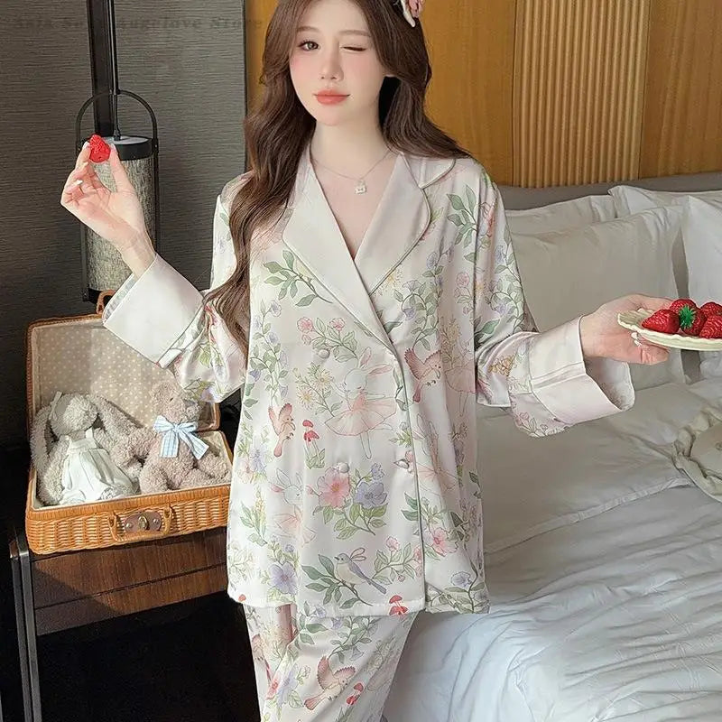 Print Flower 2PCS Top&pants Pajamas Lady Sweet Cute Home Clothes Spring Summer New Pijama Mujer Sexy Loose Sleepwear Women Pjs