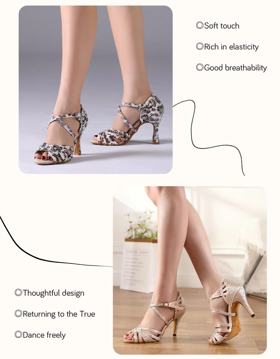 HROYL Ballroom Latin Dance Shoes Ladies Girls New Silk Satin Shiny Rhinestone Cuban High Heels Party Salsa Dance Shoes Women