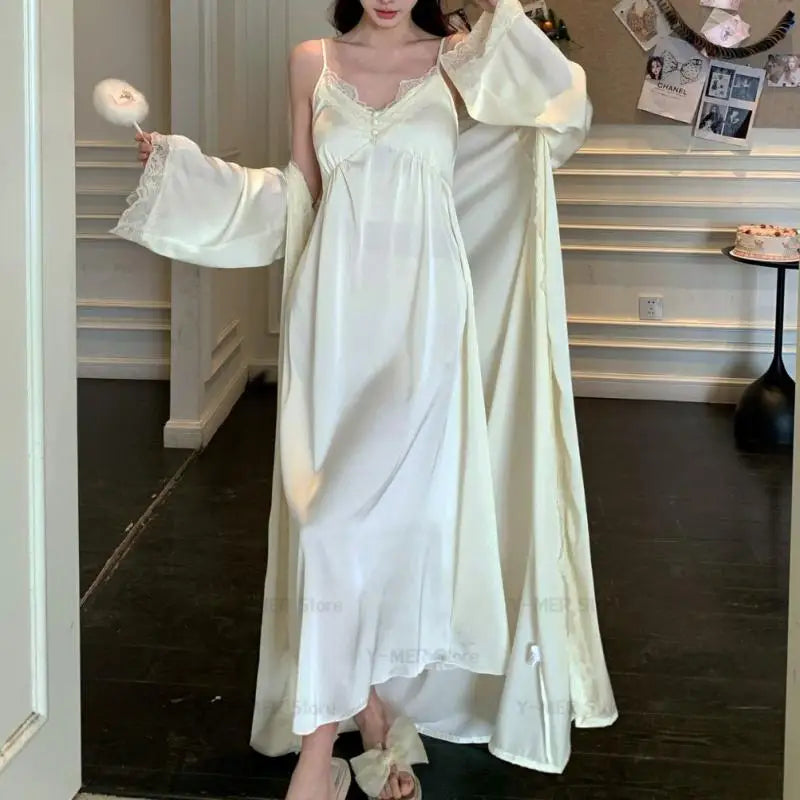 2025New Long Sweet Blue Robe Set Women Elegant Bathrobe Rayon Kimono Sexy Lace Floral Home Dressing Gown Princess Loungewear
