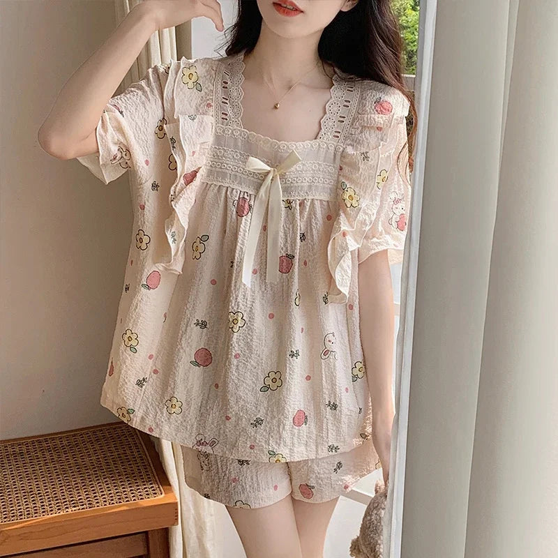 Women's Summer Floral Animal Print Short Sleeve Pajama Set  Cute Cartoon 2-Piece Pajamas Square Collar Kawaii Nightwear