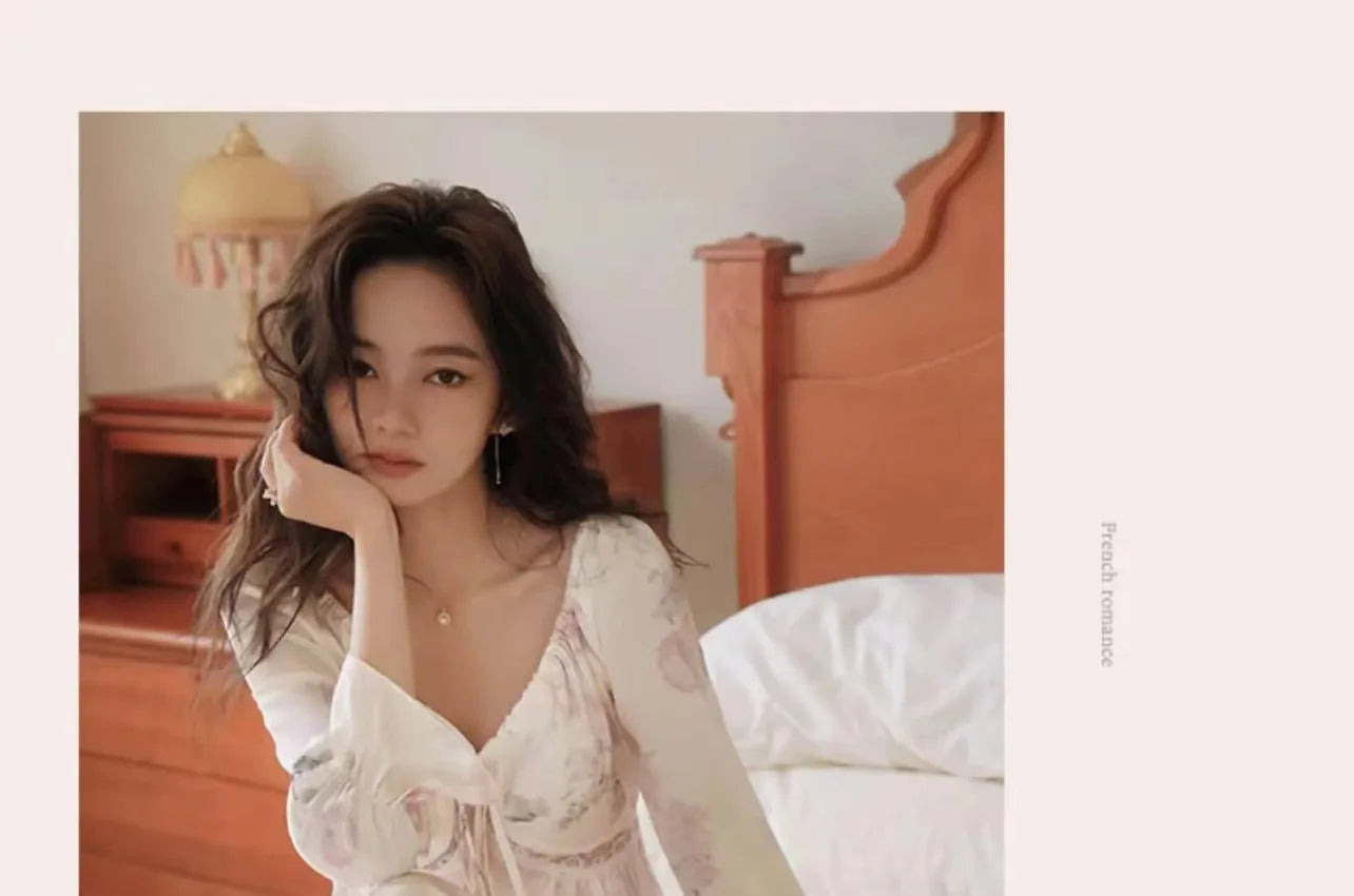 Floral Print Women Nightgown Summer Lace Patchwork Ice Silk Ladies Night Dress Long Sleeve Sexy Lace Up Nightdress for Female