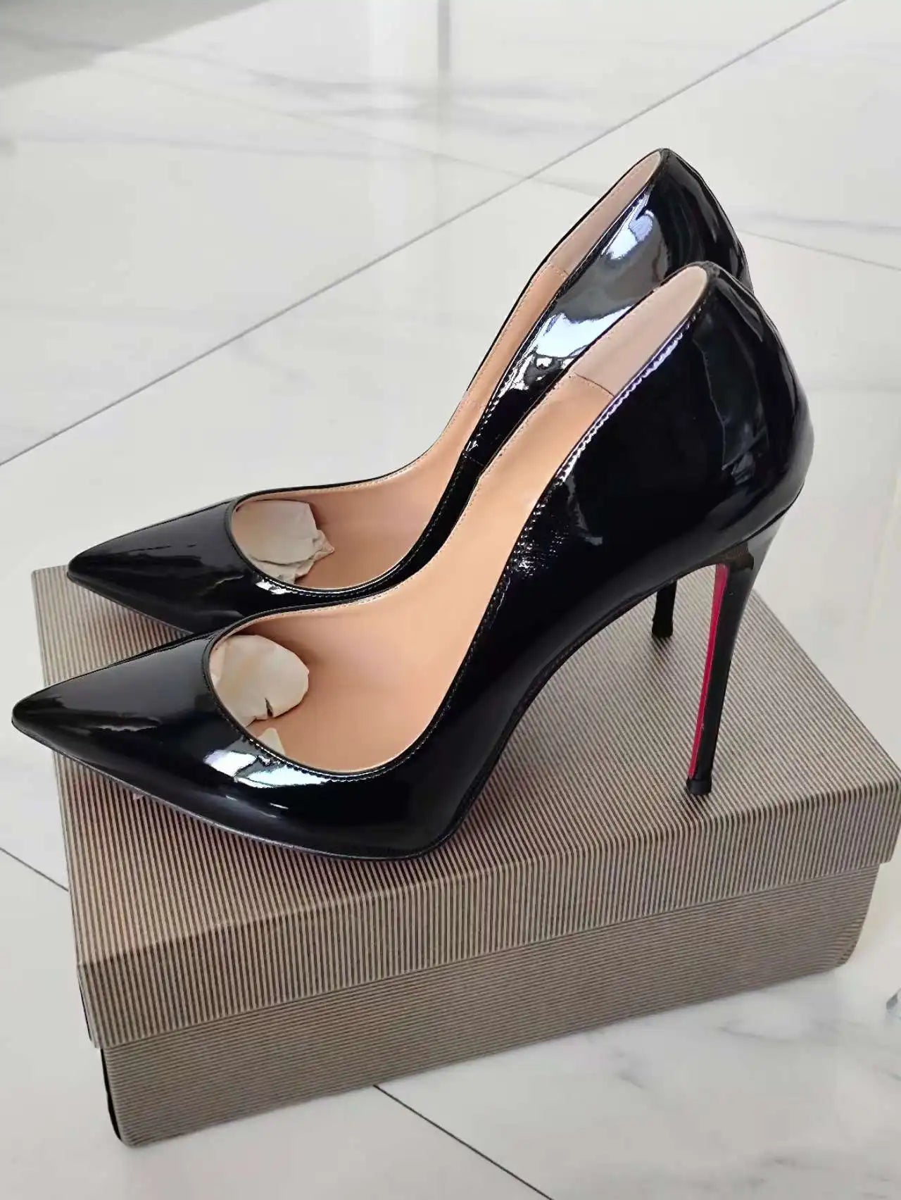 Sizes 48 Classic Style Women Patent Pointed Toe Slip On 12cm High Heel Shoes Elegant Ladies Plain Stiletto Pumps Black Red White