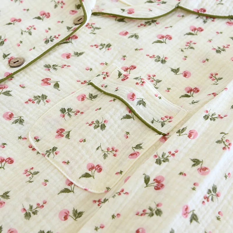 2026 Spring and Autumn Women's Pajama Set 100% Cotton Crepe Long sleeved Pants Two piece Cute and Sweet Home Fury Set Ladies