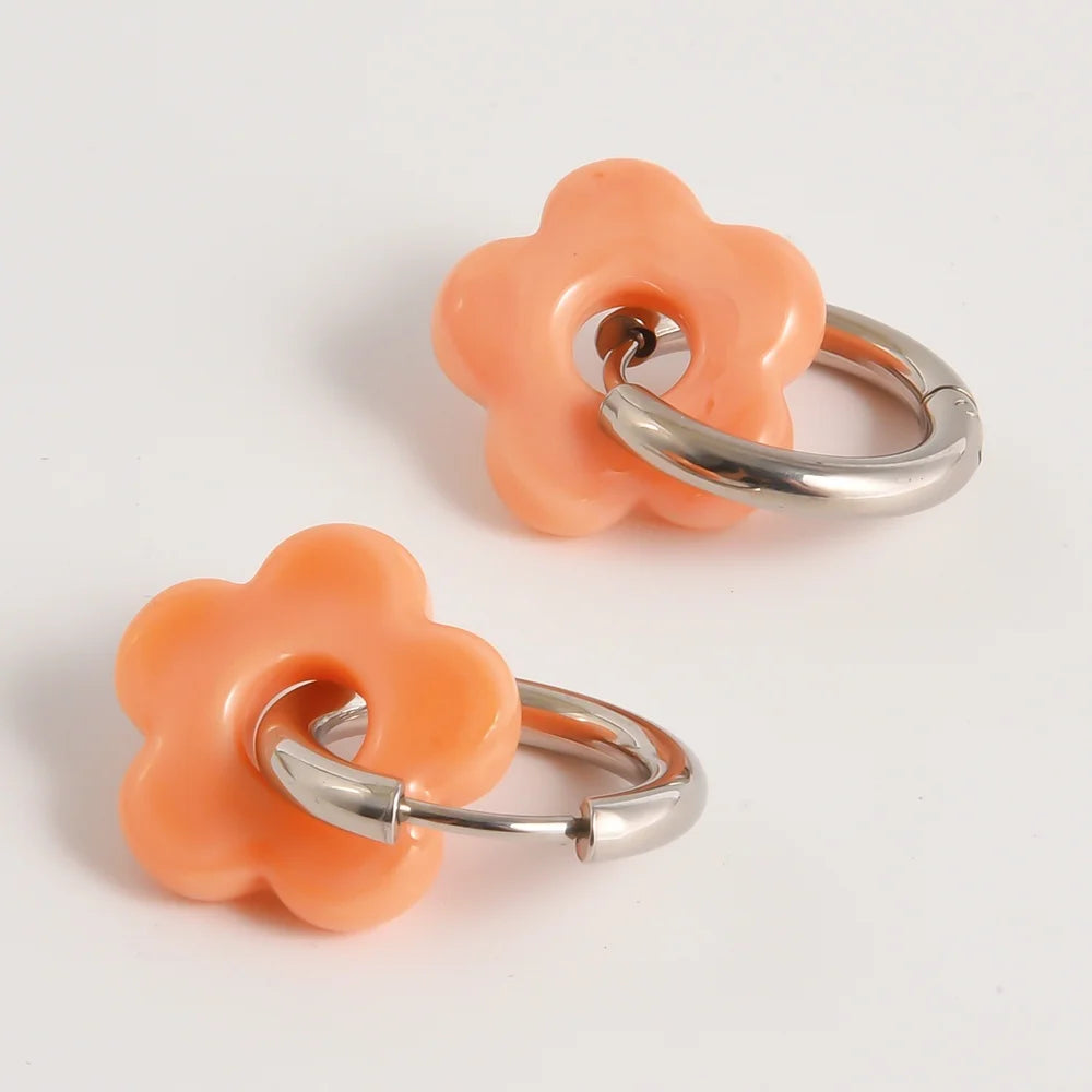 Colorful Flower Glass Drop Charms Earring Gold Color Circle Ear Buckle Hoops Stainless Steel Earrings Fashion Jewelry for Women
