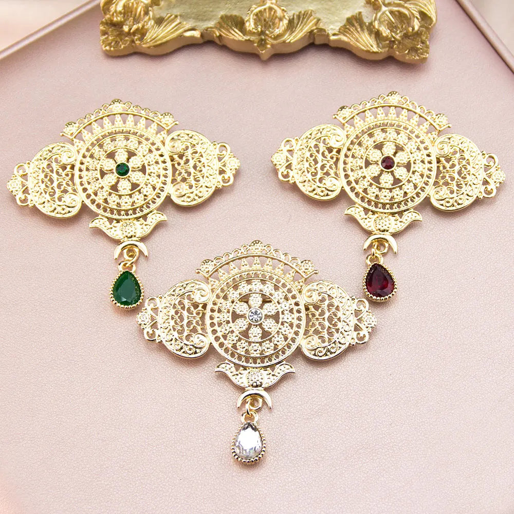 Elegent Arabic Morocco Women Hollow Filigree Brooch Drop Earring Sets Gold Color Bridal Wedding Jewelry Crystal Bijoux