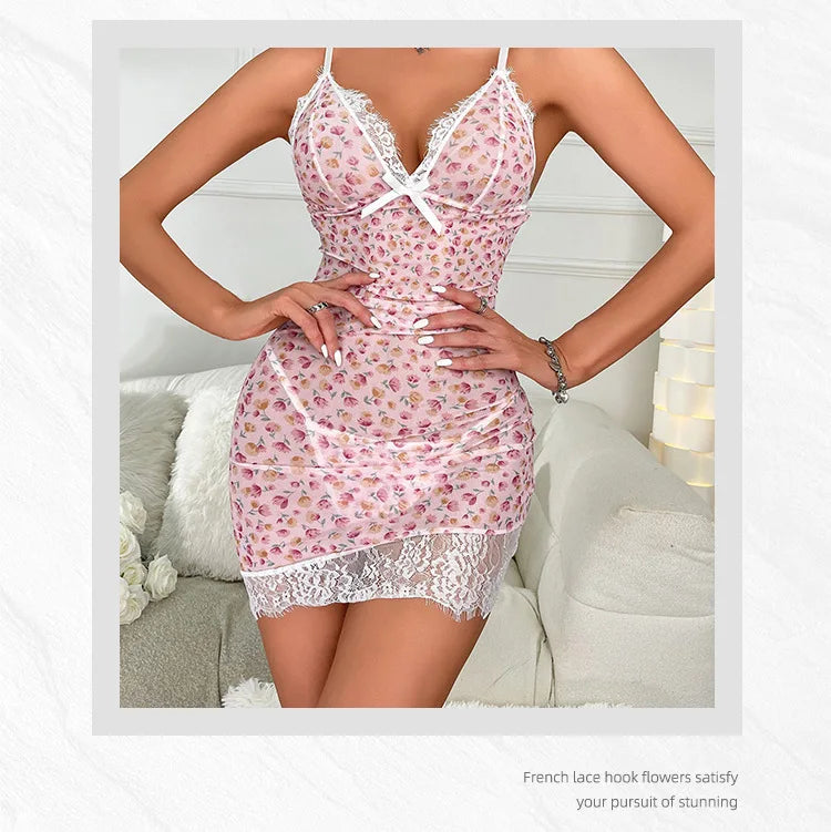 2PCS Women's New Sleepwear Summer Sexy Strap Doll Underwear Set Flower Lace Bordered Bow Tight Dress Sleeping Skirt Hot Selling