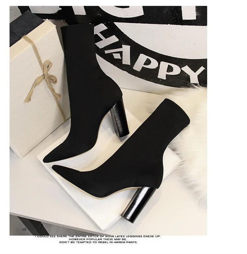 Mid-Calf Boots 2024 New Women Stretch Sock Boots Chunky Block Heels High Heels Silk Shoes Solid Color Short Boots Autumn 3129-3