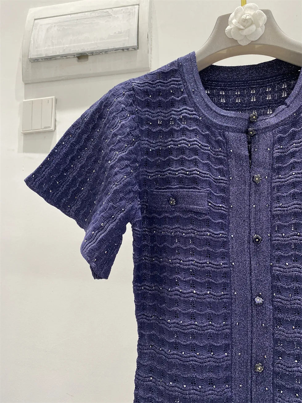 New summer single-breasted round neck knit crochet short-sleeved dress, high-quality and fashionable over-the-knee long skirt